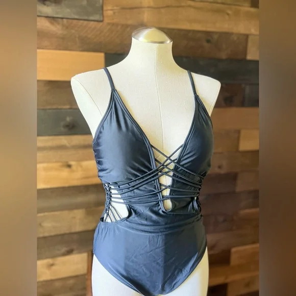 Ibiza Black Macrame Crisscross One Piece Strappy Swimsuit - Picture 8 of 12